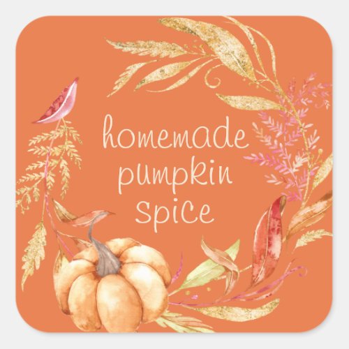 Homemade Pumpkin Spice Watercolor Foliage Orange Square Sticker