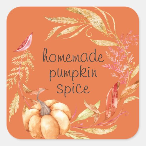 Homemade Pumpkin Spice Watercolor Foliage Orange Square Sticker