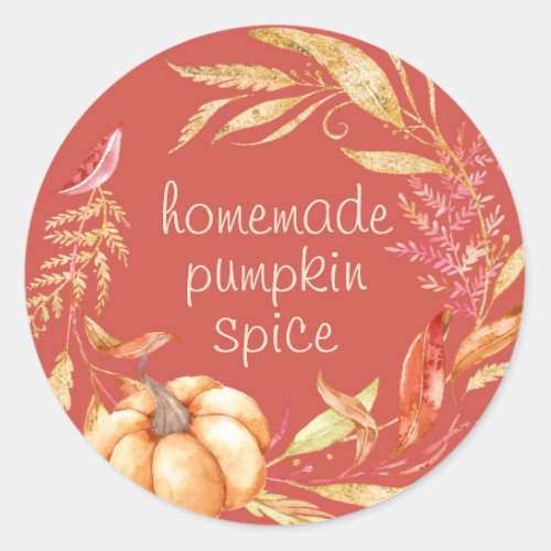 Homemade Pumpkin Spice Watercolor Foliage Red Classic Round Sticker