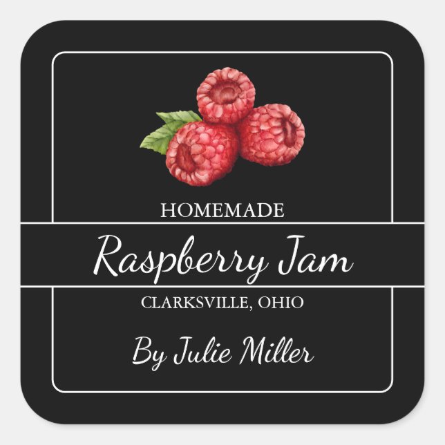 Homemade Raspberry Jam Square Label Black (Front)