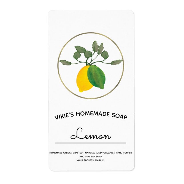Homemade Soap Business Watercolor Lemon  Label (Front)