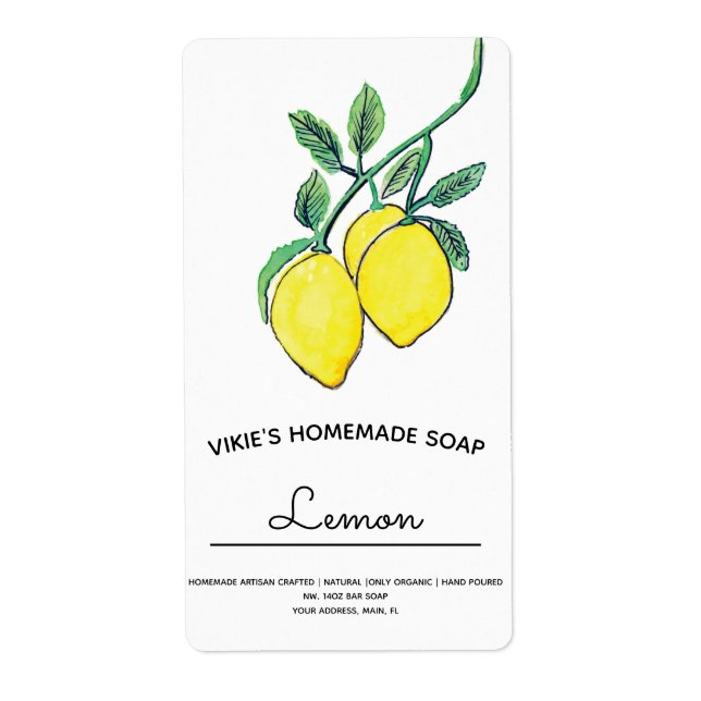 Homemade Soap Business Watercolor Lemon  Label (Front)