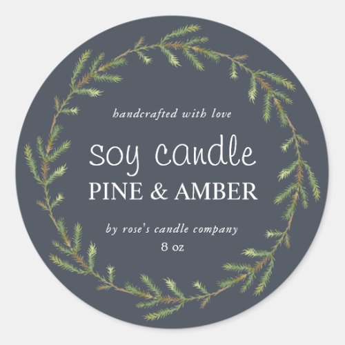 Homemade Soy Candle Pine Sprig Custom Dark Blue Classic Round Sticker