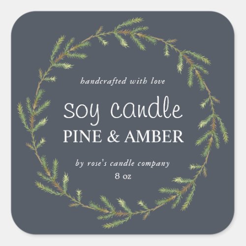 Homemade Soy Candle Pine Sprig Custom Dark Blue Square Sticker