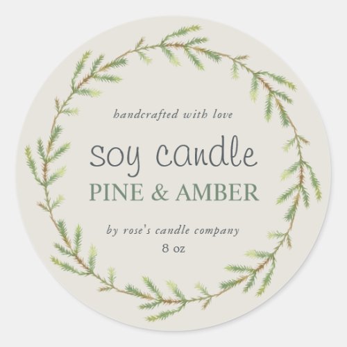 Homemade Soy Candle Pine Sprig Custom Gray Classic Round Sticker