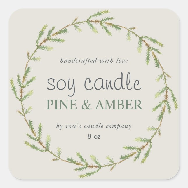 Homemade Soy Candle Pine Sprig Custom Gray Classic Square Sticker (Front)