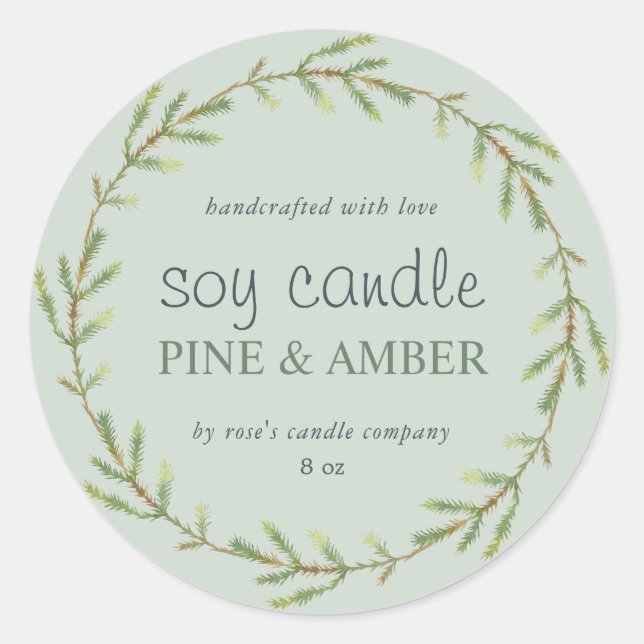 Homemade Soy Candle Pine Sprig Custom Green Classic Round Sticker (Front)