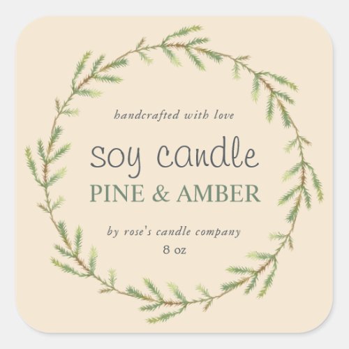 Homemade Soy Candle Pine Sprig Custom Ivory Square Sticker