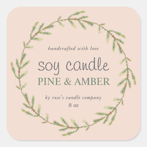 Homemade Soy Candle Pine Sprig Custom Pink Square Sticker