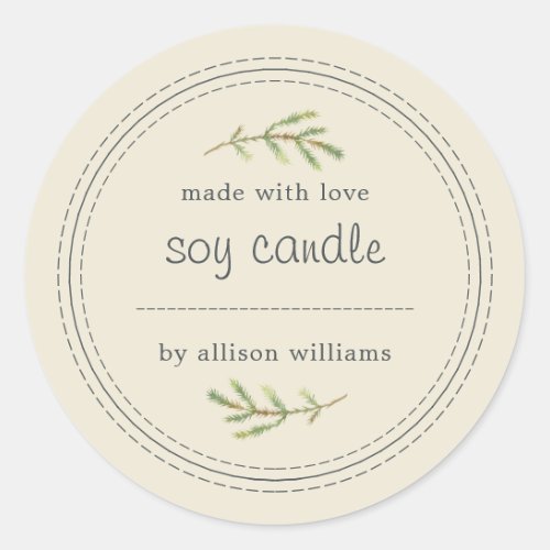 Homemade Soy Candle Pine Sprig Write On Antique Classic Round Sticker
