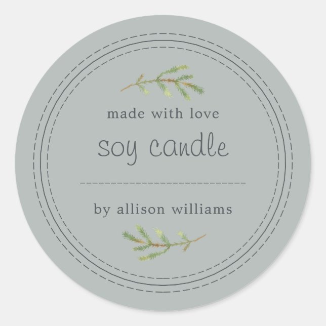 Homemade Soy Candle Pine Sprig Write On Gray Classic Round Sticker (Front)
