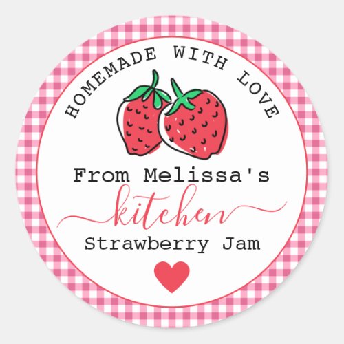 Homemade Strawberry Jam  Rustic Pink Gingham  Classic Round Sticker