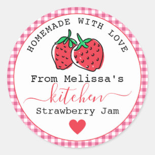 Homemade Strawberry Jam  Rustic Pink Gingham  Classic Round Sticker