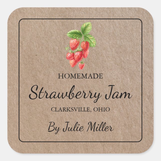Homemade Strawberry Jam Square Kraft Paper Label (Front)