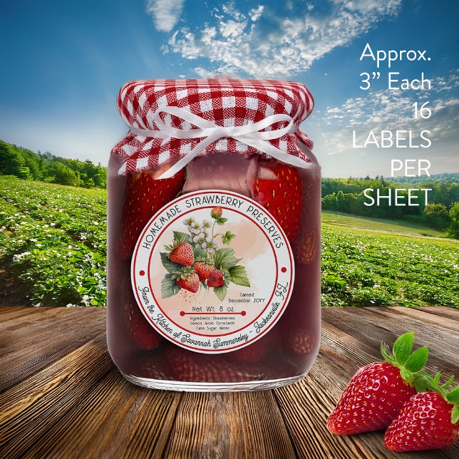 Homemade Strawberry Preserves Canning 3 In 16Sheet Sticker (Homemade Strawberry Preserves Canning Vinyl Canning Labels -- 16 Kiss Cut 3" Stickers Per Sheet)