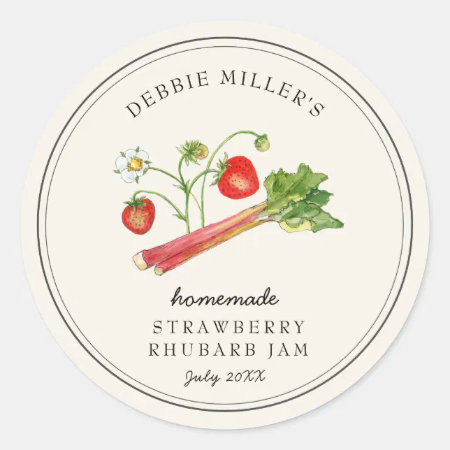 Homemade Strawberry Rhubarb Jam jar Classic Round Sticker | Zazzle