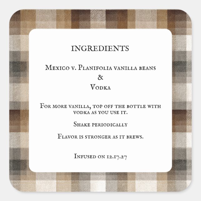 Homemade Vanilla Extract Bottle Ingredients Labels (Front)