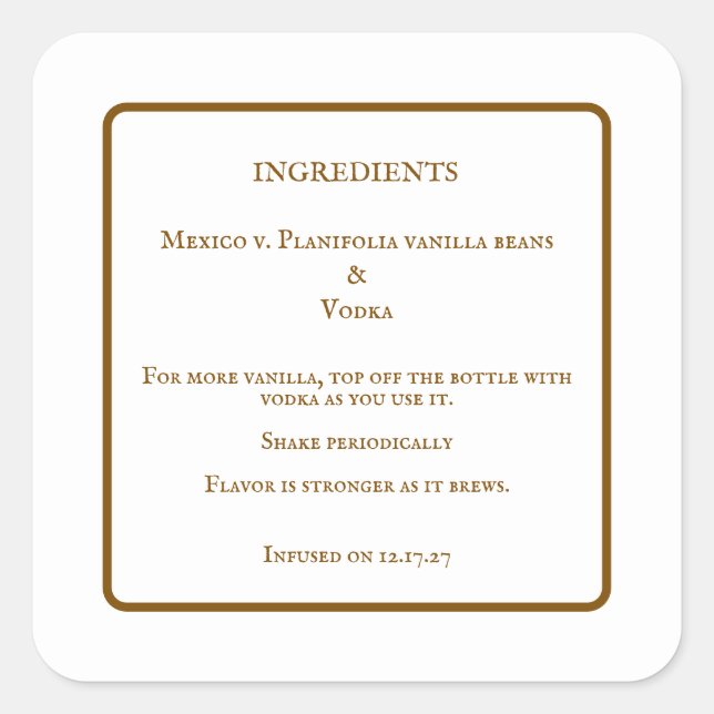 Homemade Vanilla Extract Bottle Ingredients Labels (Front)