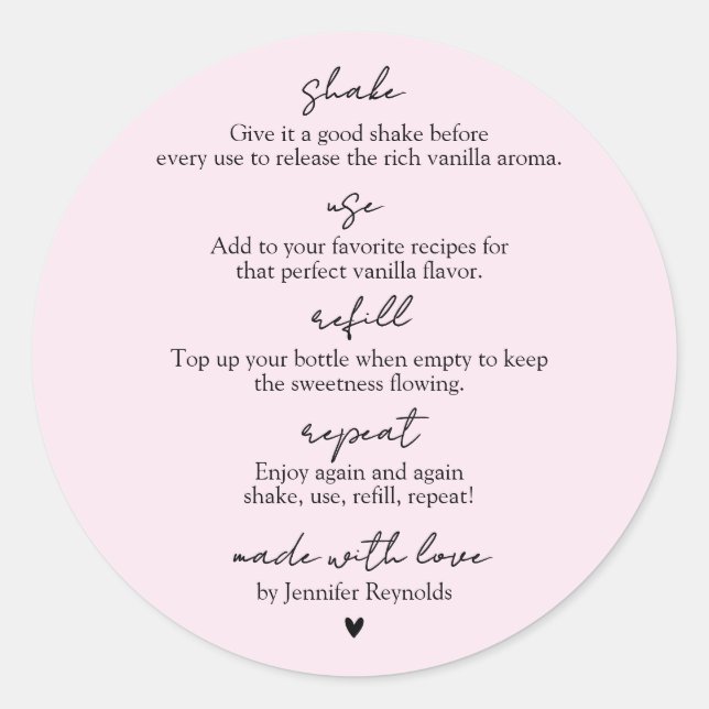 Homemade Vanilla Extract pink Use Refill Repeat Classic Round Sticker (Front)
