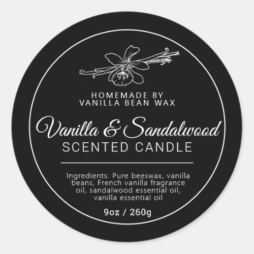 Homemade vanilla sandalwood candle ingredients classic round sticker