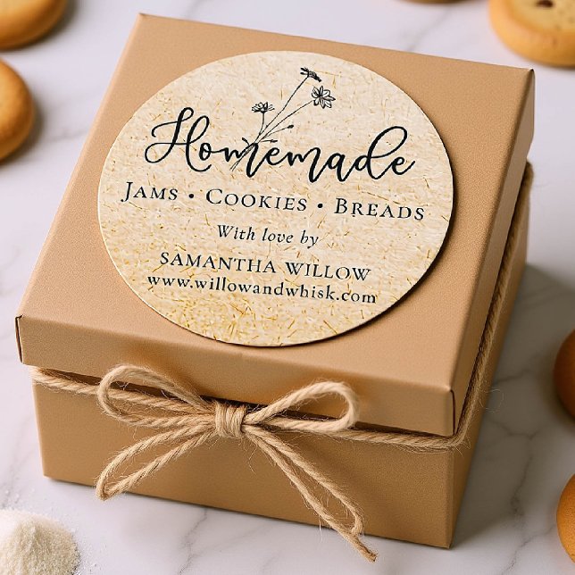 Homemade Wildflower Kraft Custom Product Packaging Classic Round Sticker (custom packaging label homemade round botanical business drink food gift kraft black WILDFLOWERS)