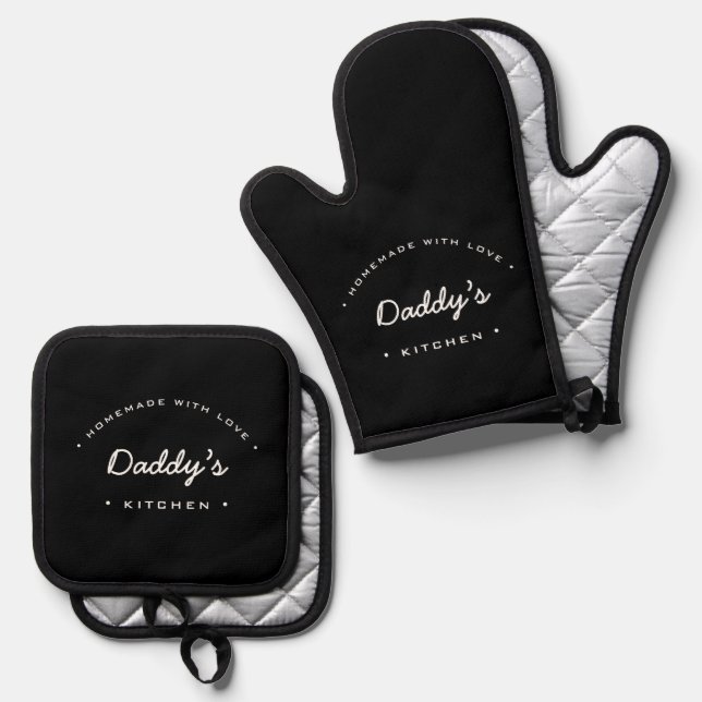 Homemade with Love Black white Daddy's kitchen Oven Mitt & Pot Holder Set (Front/Back)