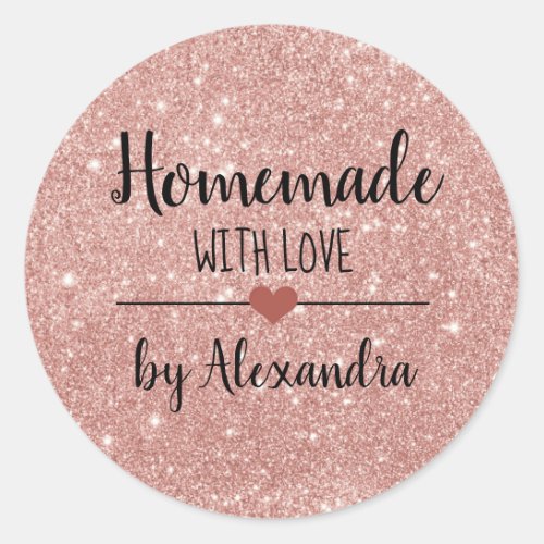 Homemade with love blush pink glitter script classic round sticker