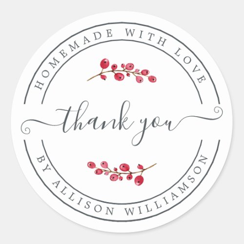 Homemade With Love Cranberry Sprig Thank You Classic Round Sticker
