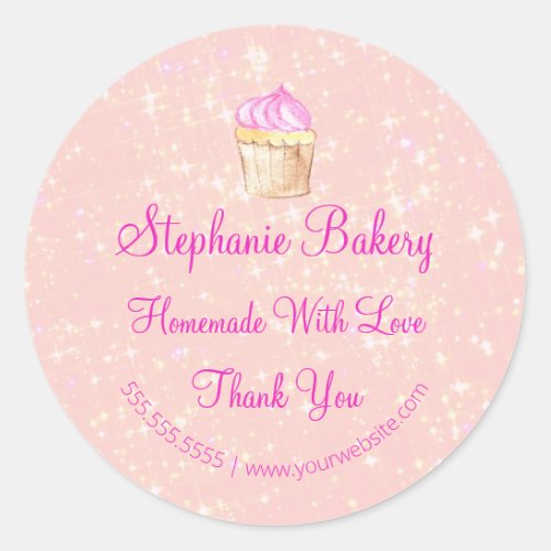 Homemade with Love Cup Cake Bakery  Pink Glitter Classic Round Sticker
