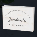 Homemade with Love Custom Name Kitchen Wooden Box Sign<br><div class="desc">Introduce a touch of rustic charm to your kitchen with this delightful wooden box sign. Designed to bring warmth and character to your space, this customizable sign is the perfect addition to any home cook's haven. The words "Homemade with Love" are elegantly displayed in modern typography, while the personalized name...</div>