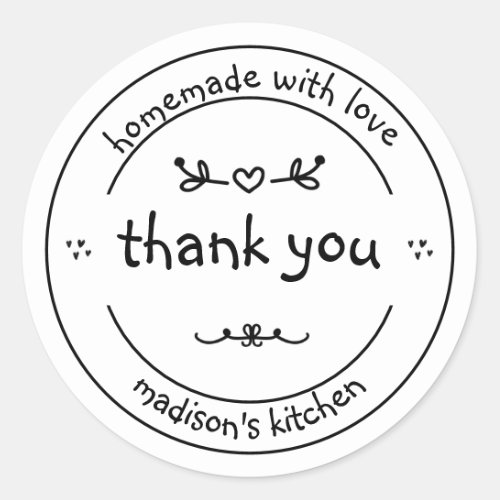 Homemade with Love  Cute Black  White Thank You Classic Round Sticker