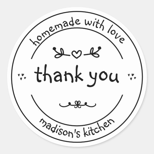 Homemade with Love | Cute Black & White Thank You Classic Round Sticker (Front)