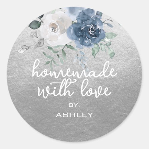 Homemade with Love Floral Blue Rose Silver Gift Classic Round Sticker