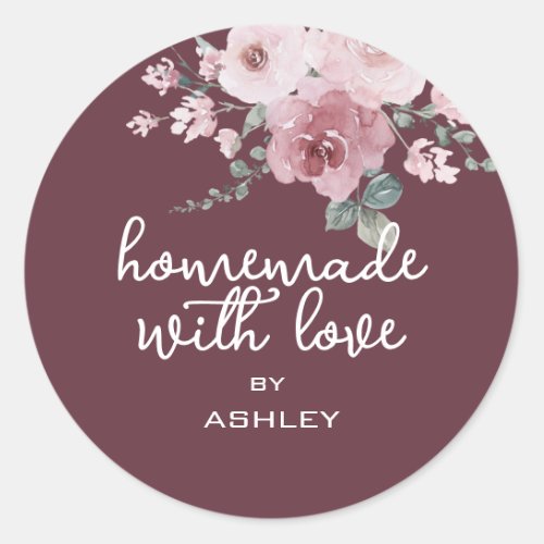 Homemade with Love Floral Rose Burgundy Gift Classic Round Sticker