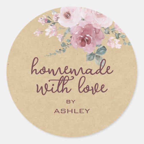Homemade with Love Floral Rose Kraft Paper Gift Cl Classic Round Sticker