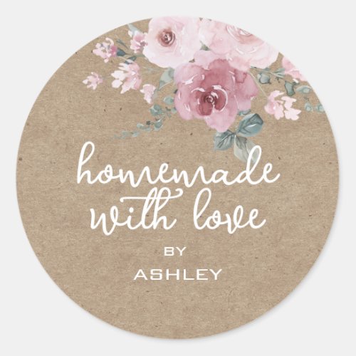 Homemade with Love Floral Rose Kraft Paper Gift Classic Round Sticker