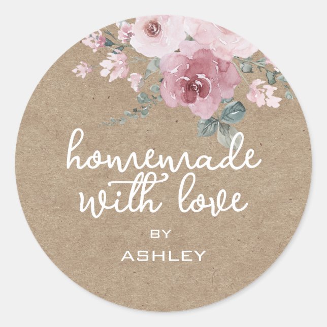Homemade with Love Floral Rose Kraft Paper Gift Classic Round Sticker (Front)