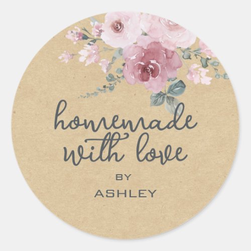 Homemade with Love Floral Rose Kraft Paper Gift Classic Round Sticker
