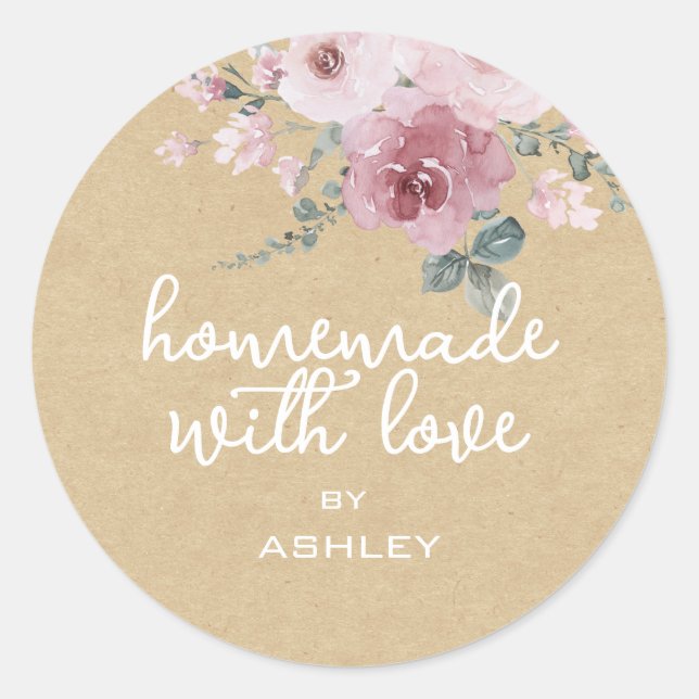 Homemade with Love Floral Rose Kraft Paper Gift Classic Round Sticker (Front)