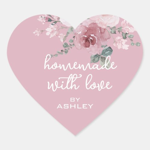 Homemade with Love Floral Rose Mauve Heart Sticker