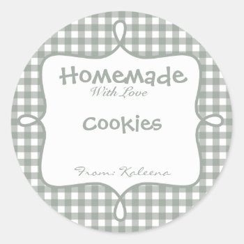 Homemade With Love Gray Gingham Classic Round Sticker by KaleenaRae at Zazzle