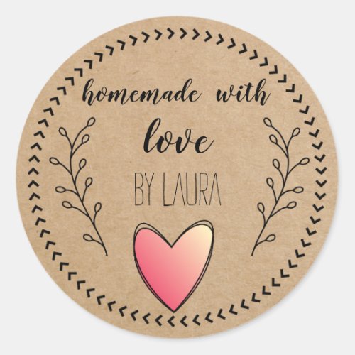 Homemade with Love Heart Kraft Paper Customize Classic Round Sticker