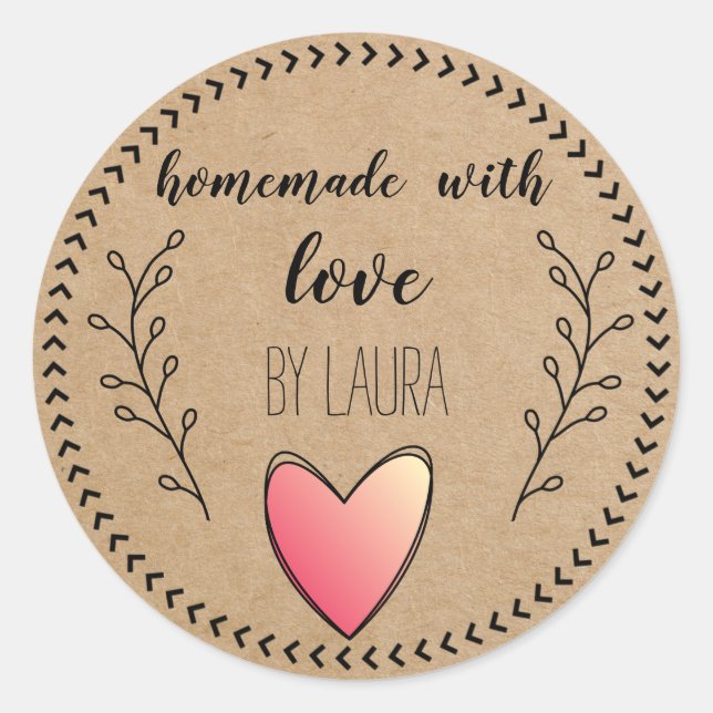 Homemade with Love Heart Kraft Paper Customize Classic Round Sticker (Front)