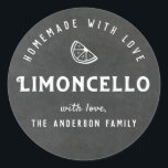 Homemade with Love Limoncello Modern Chalkboard Classic Round Sticker<br><div class="desc">Custom-designed limoncello stickers/labels featuring personalized text/gift message on chalkboard style background.</div>
