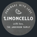 Homemade with Love Limoncello Modern Chalkboard Classic Round Sticker<br><div class="desc">Custom-designed limoncello stickers/labels featuring personalized text/gift message on chalkboard style background.</div>