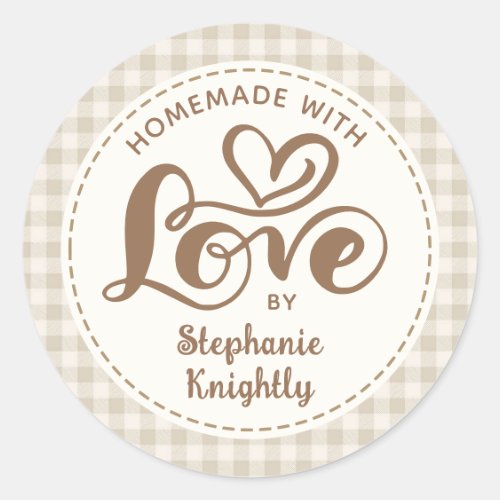 Homemade with Love Neutral Gingham Personalized Classic Round Sticker