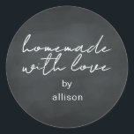 Homemade with Love Personalized Chalkboard Gift Classic Round Sticker<br><div class="desc">Rustic and modern personalized homemade with love sticker feautures stylish handwritten script calligraphy on a chalboard background. Perfect for all your homemade gifts! Simply add your name to the label. Exclusively designed for you by Happy Dolphin Studio!</div>