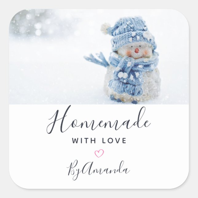 Homemade with Love Photo of a Cute Snowman Square Sticker (Front)