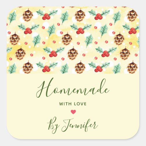 Homemade with Love Pine Cones and Holly Pattern Square Sticker