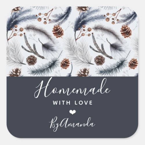 Homemade with Love Pine Cones Winter Pattern Square Sticker
